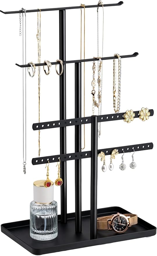 pickpiff Jewelry Stand Organizer, 12.5" Tall Sturdy Metal, 3-Tier Jewelry Holder for Necklace, Earring, Bracelet, Ring, Hanger for Display and Storage, Aesthetic Room Decor, Black