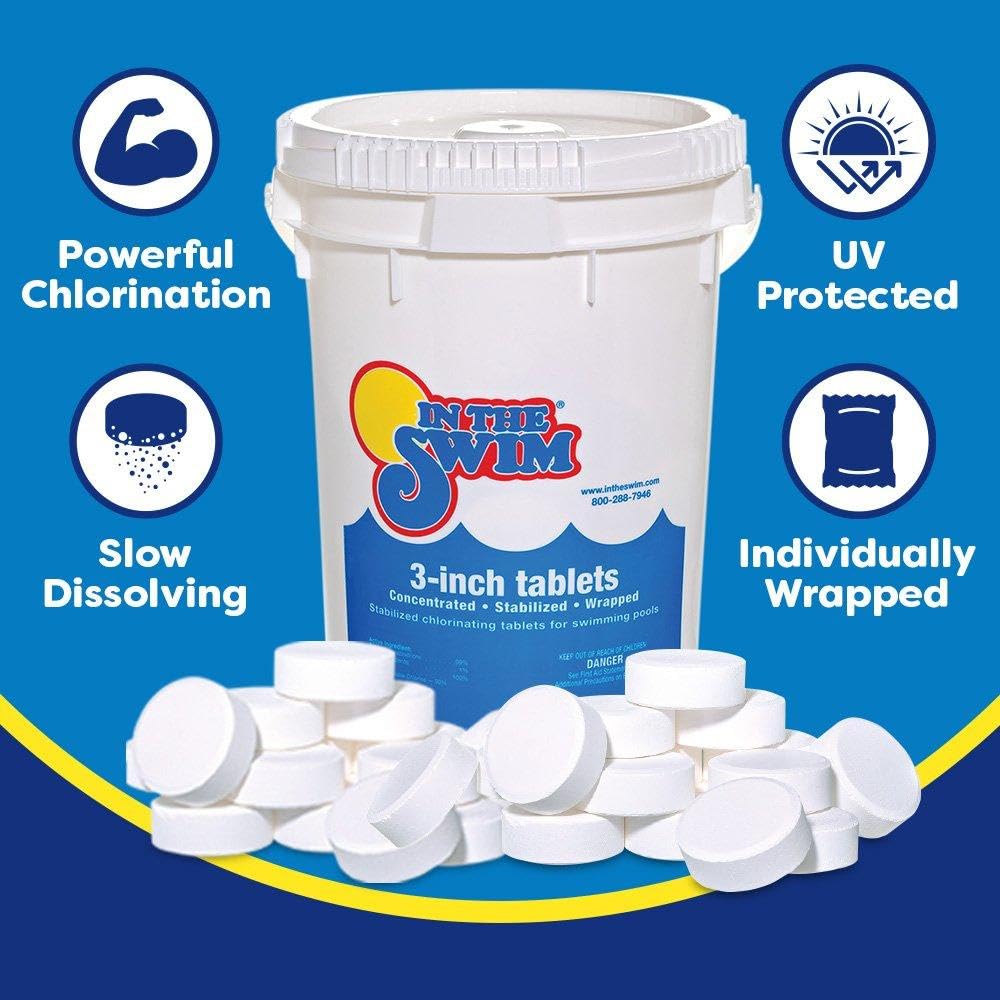 In The Swim Chlorine and Shock Bundle for Sanitizing Swimming Pools – Includes 50 Pound Bucket of 3 Inch Stabilized Chlorine Tablets and 24 x 1 Pound Bags of 68% Cal-Hypo Pool Shock
