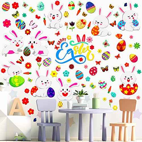 Capoda 103 Pieces 6 Sheets Easter Eggs Bunnies Wall Decal Easter Egg Hunt Games Decals Adorable Bunny Sticker Rabbit Egg Clings for Wall Living Room Bedroom Home Decorations