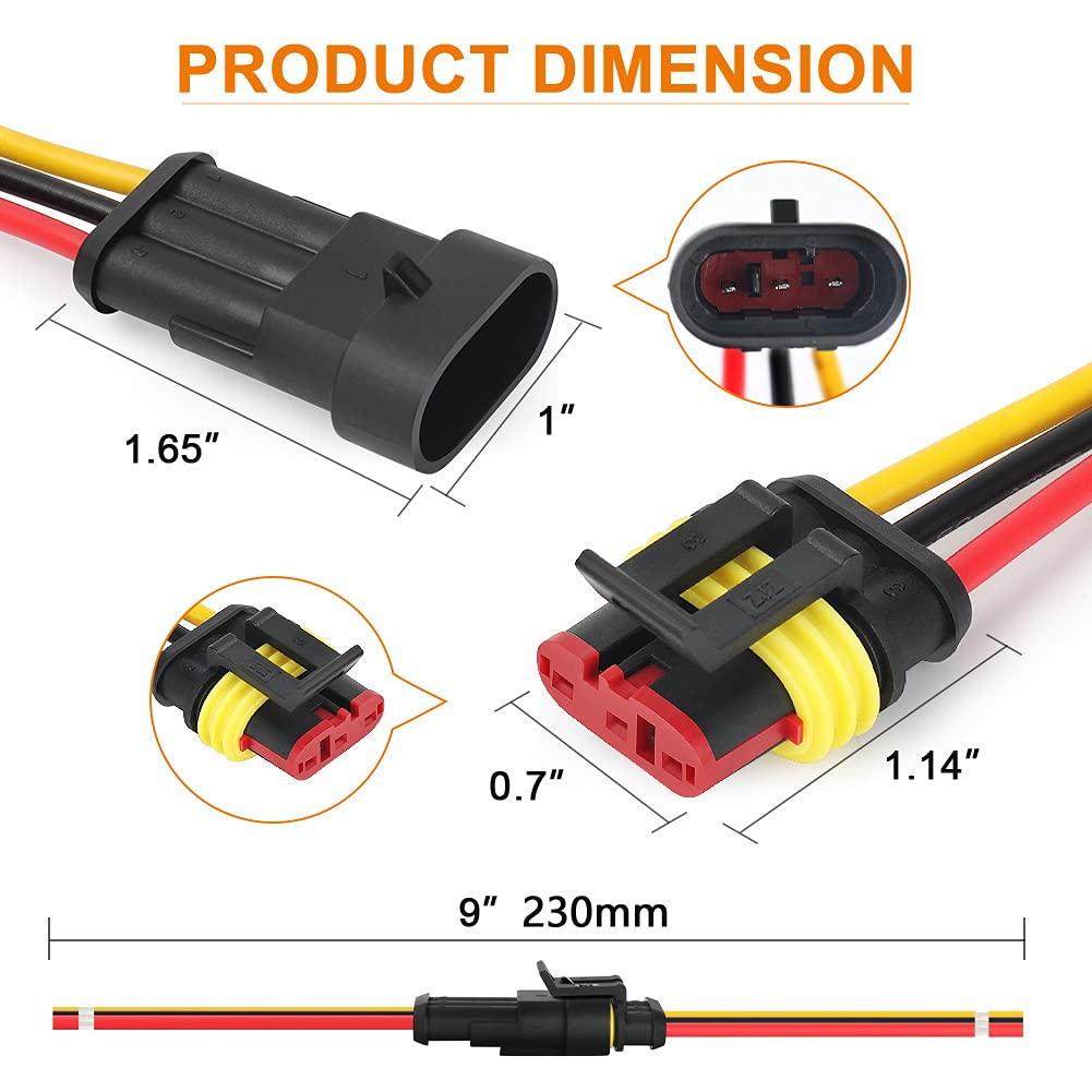 NAOEVO 3 Pin Connector Waterproof, 16 AWG 3 Wire Connectors, Automotive Electrical Male and Female Plug with Heat Shrink Tubing for Car Truck Boat Wire Connection, 6 Kits