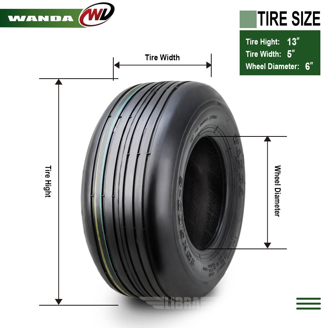 WANDA Set 2 13x5.00-6 Rib Lawn Mower Utility Cart Turf Tires 13x5x6 /4 ply - 13080...