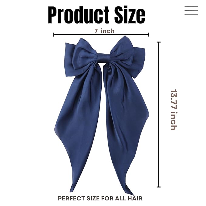 2PCS Big Hair Bow Clips for Women Girls Ã¢ÂÂ Navy Blue Satin Ribbon Bow Barrettes with Long Tails, Large Hair Accessories for Ponytail, Party, Wedding & Everyday Wear