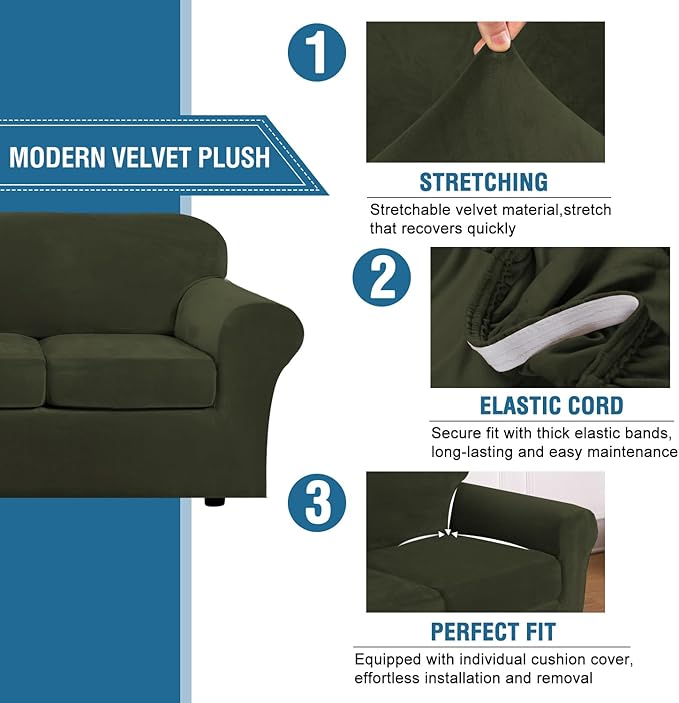 H.VERSAILTEX Modern Velvet Plush 4 Piece High Stretch Sofa Slipcover Sofa Cover Furniture Protector Form Fit Thick Velvet Sofa Cover for 3 Cushion Couch Width Up to 90 Inch (Sofa, Olive)