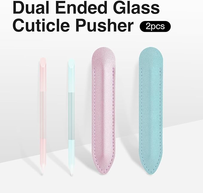 Curvlife 2-Pack Glass Cuticle Pushers with Leather Cases, Crystal Nail File Sticks for Cuticle Remover & Nail Care, Washable Reusable Manicure Tools for Natural & Acrylic Nails