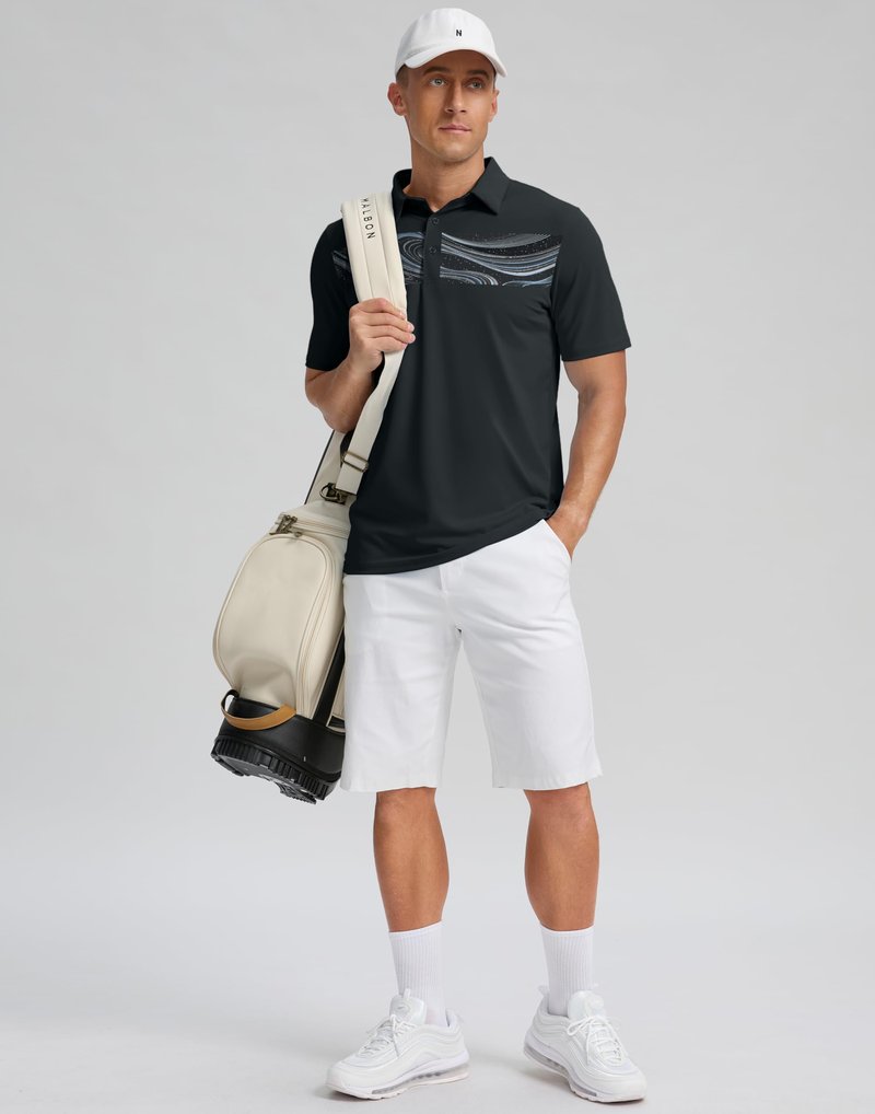 Men's Golf Shirts Dry Fit Moisture Wicking Performance Short Sleeve Collared Polo Shirts for Casual Athletic Business (Black Galaxy, 4XL)