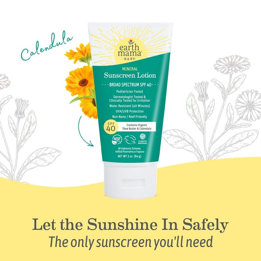 Earth Mama Baby Mineral Sunscreen Lotion SPF 40 | Non-Nano Zinc, Natural Water Resistant Sun Cream for Babies, Kids & Adults, 3-Ounce