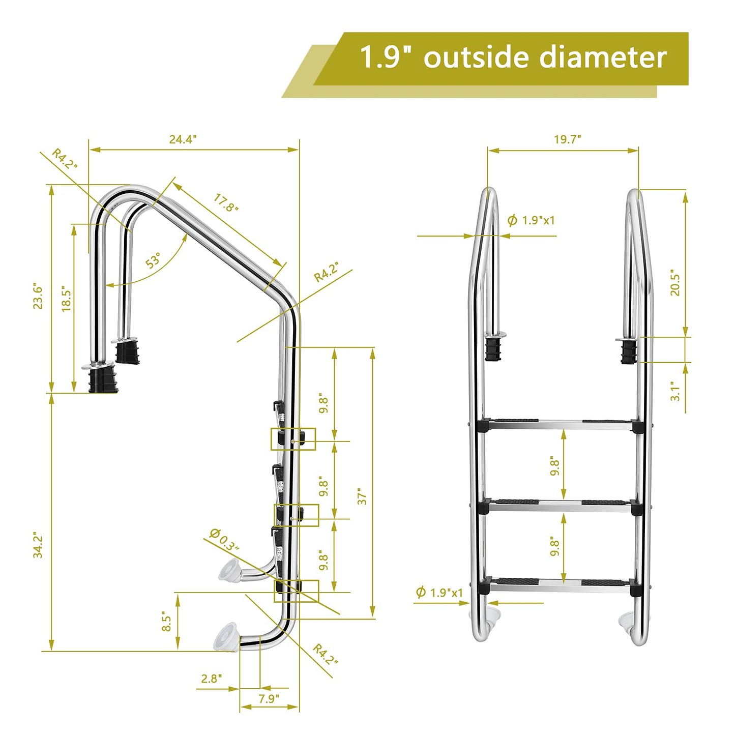 IRONMAX Swimming Pool Ladder, 3-Step Heavy Duty Stainless Steel Pool Stair w/Non-Slip Steps, Easy to Install, Pool Ladder for Inground Pools, Gym & Water Park, 265 LBS Weight Capacity