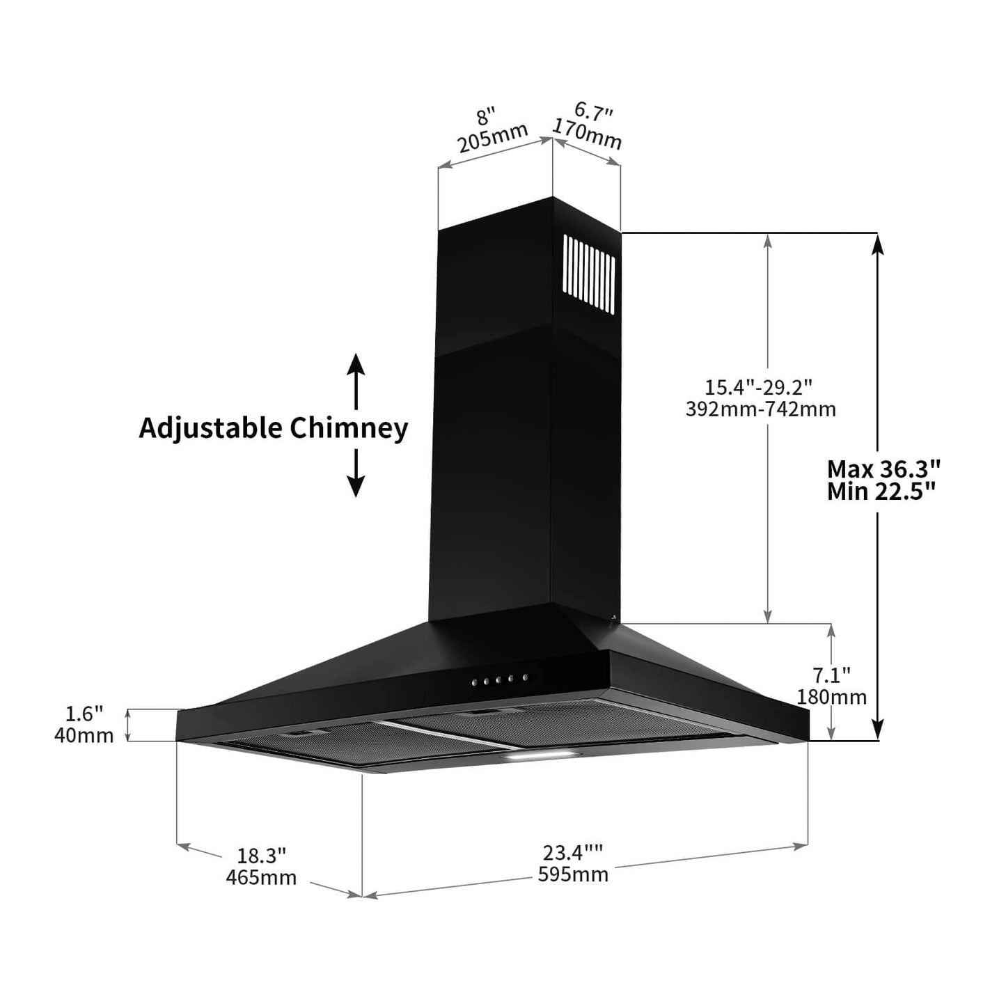 SNDOAS 24 inch Range Hood Black,Stainless Steel Chimney-Style Kitchen Hood, Ductless Stove Hood Vent with Energy Saving LED Light,Wall Mount Vent Hood, Push Button 3-Speed Exhaust Fan
