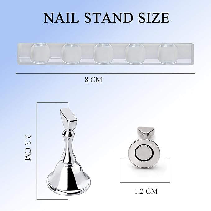 Nail Stand for Press Ons Display Practice for Acrylic Nails, Magnetic Fake Nail Tips Holder with Metal Base for Painting Tools, Designs with Reusable Double-Sided Tape for Home DIY Art Salon Supplies