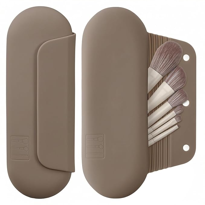 Silicone Makeup Brush Holder Travel Cosmetic Bag：Soft Portable Cosmetic Face Brushes Holder with Upgrade Anti-Fall Out Magnetic Closure, Large Travel Makeup Brush Case - Coffea