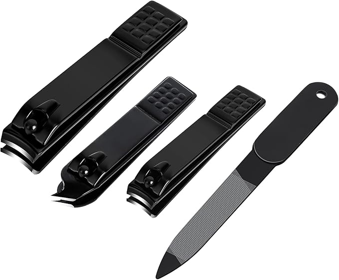 Nail Clippers Set, Sharp Stainless Steel Fingernail and Toenail Clippers, Nail Clippers for Thick Nails or Ingrown Nails, Perfect 4 pcs Black Nail Cutter for Men/Women/Kids, Set Include Nail File.