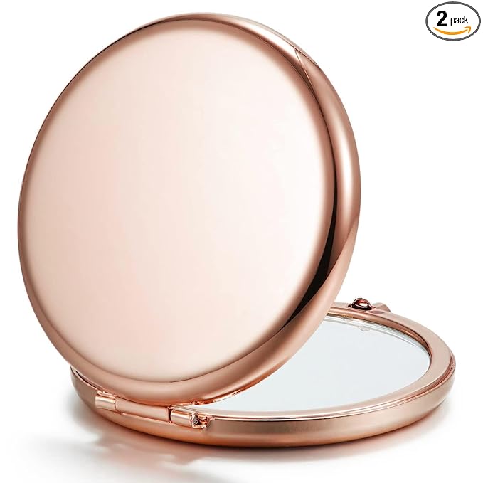 Compact Mirror Bulk, Set of 2 Double-Sided 1X/2X Magnifying Purse Pocket Makeup Mirrors(Round, Rose Gold)