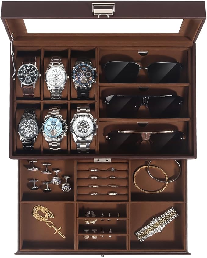 Watch Jewelry Box Organizer, 6-Slot 2-Layer Watch Case and Sunglasses Storage with Large Glass Lid, Men's Jewelry Box with Lock, Watch Holder Display Case, Gift for Men Women