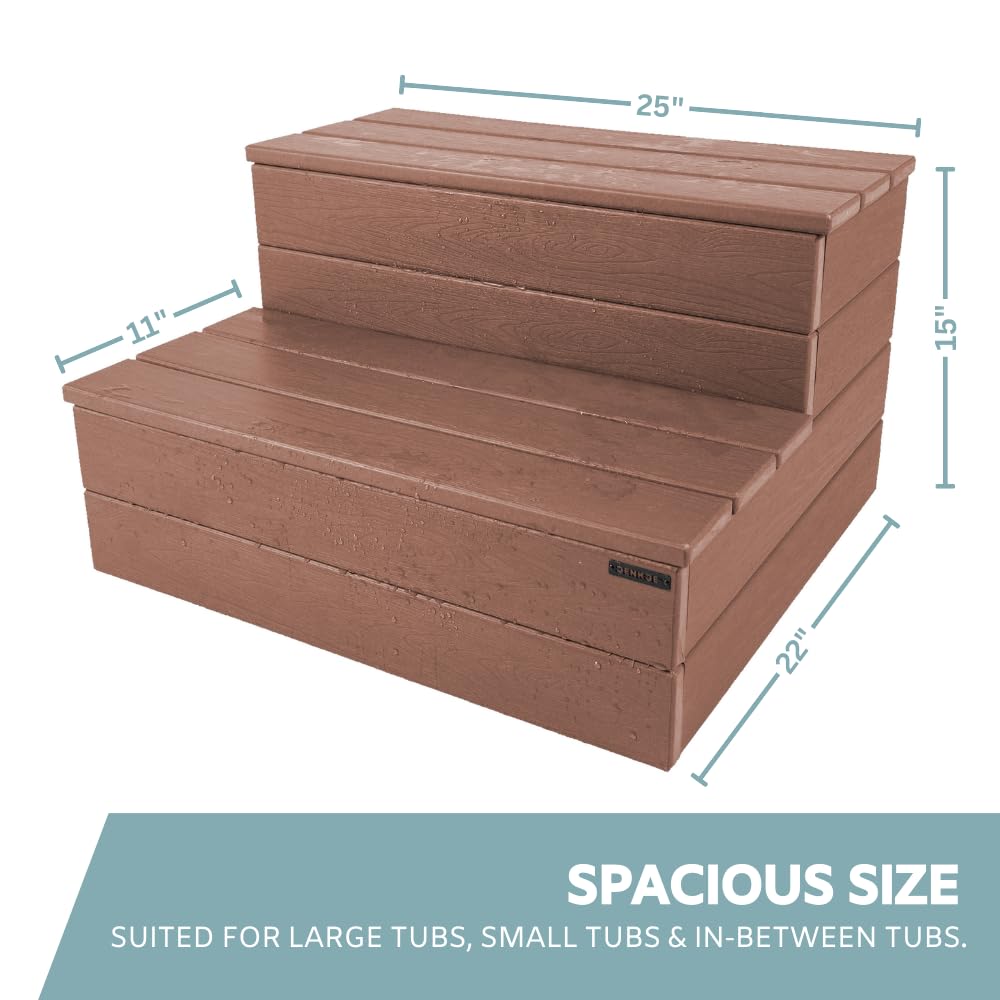 DENKOE Hot Tub Steps - Wood Looking Plastic - 100% Waterproof - Brown Non Slip, Heavy Duty, Multi Use as Porch Steps, Hot Tub Stairs, Outdoor Stairs, Fits Any Spa Size