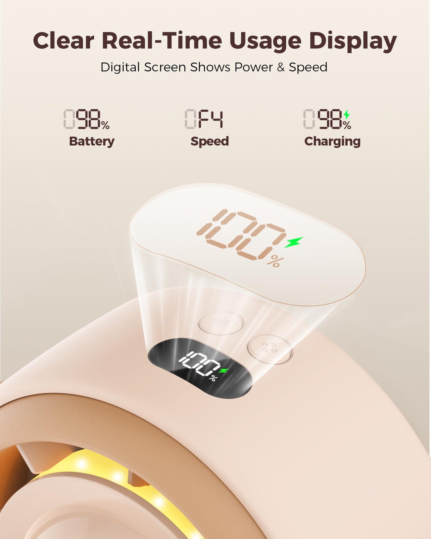 SWEETFULL Baby Stroller Fan - 4000mAh Rechargeable 4-Speed Quiet with LED Display & Night Light, Mini Portable 360° Clip On Safe Fan for Car Seat, Crib, Travel - Brown