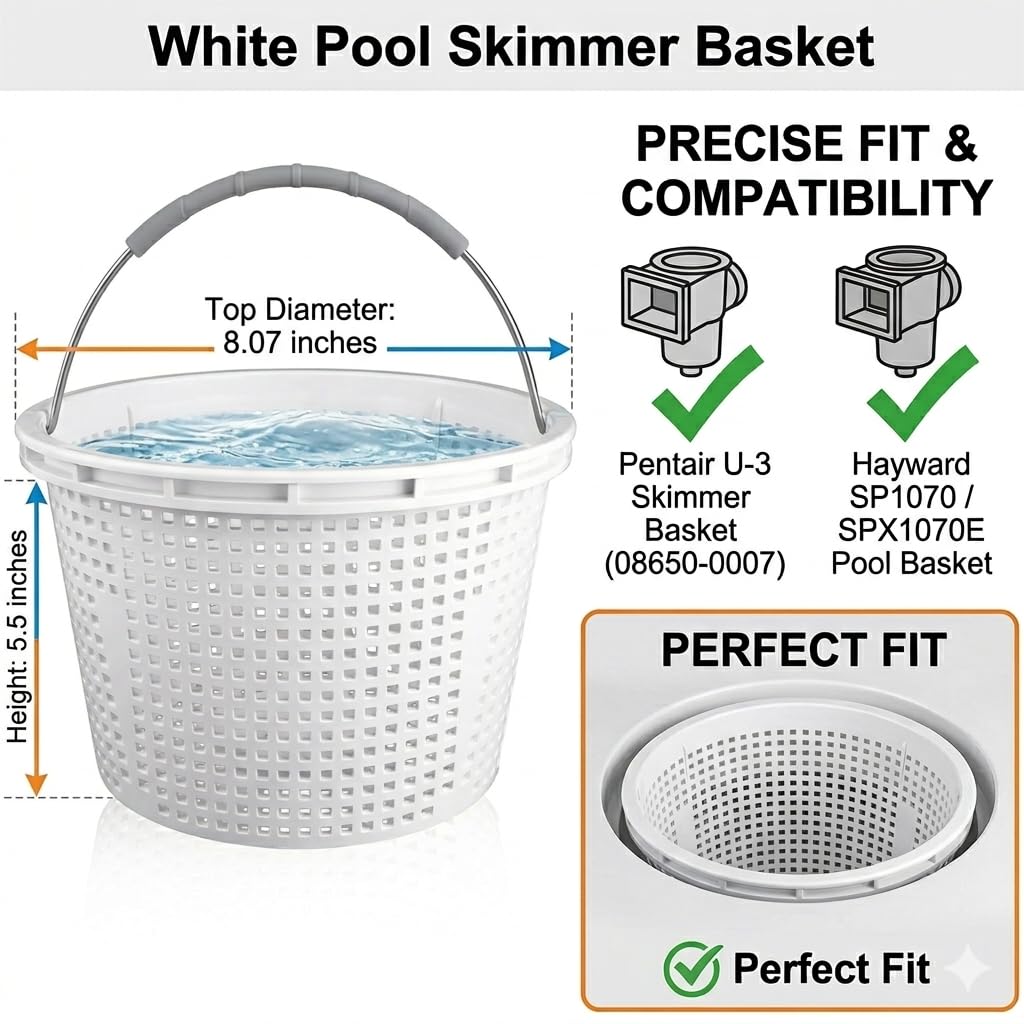 8" Pool Skimmer Basket for Inground Pool Compatible with Pentair U-3 Skimmer Basket 08650-0007 and Hayward SP1070 SPX1070E Pool Basket, Stainless Steel Handle, Rubber Grip & Built in weight, White