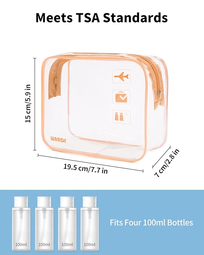 WANDF TSA Approved Toiletry Bag, 2 Packs Travel Clear Toiletry Bag, Quart Size Makeup Cosmetic Pouch with Zipper, Carry-On Airport Compliant Bag for Women and Men (2pcs Lotus Pink)