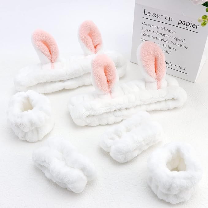 YISSION Cute Bunny Ear Spa Headband and Wristband Set for Women and Girls - Soft Plush Makeup Headband with Wrist Towels for Face Washing, Skincare, Shower, Easter Party Favors (White)