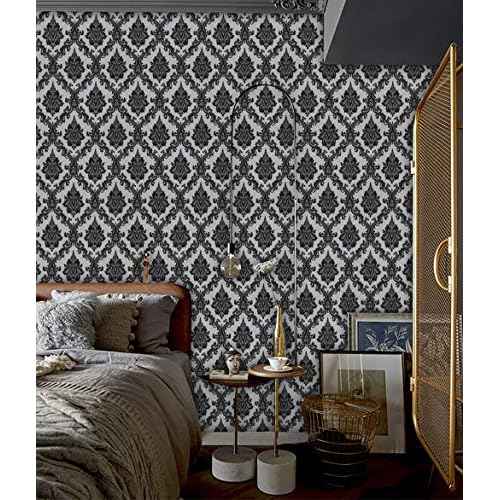 17.7" x118" Peel and Stick Wallpaper Black Wall Paper for Bedroom Damask Gothic Wallpaper Black Contact Paper for cabiner Shelf Liner Furniture Decorative Wall Vinyl