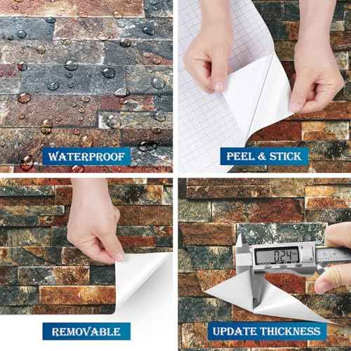 FunStick Vintage Faux Brick Wallpaper Peel and Stick 3D Textured Squares Brown Red Blue Brick Wall Paper Roll for Kitchen Bedroom Waterproof Brick Contact Paper for Walls Fireplace Removable 15.8"x80"