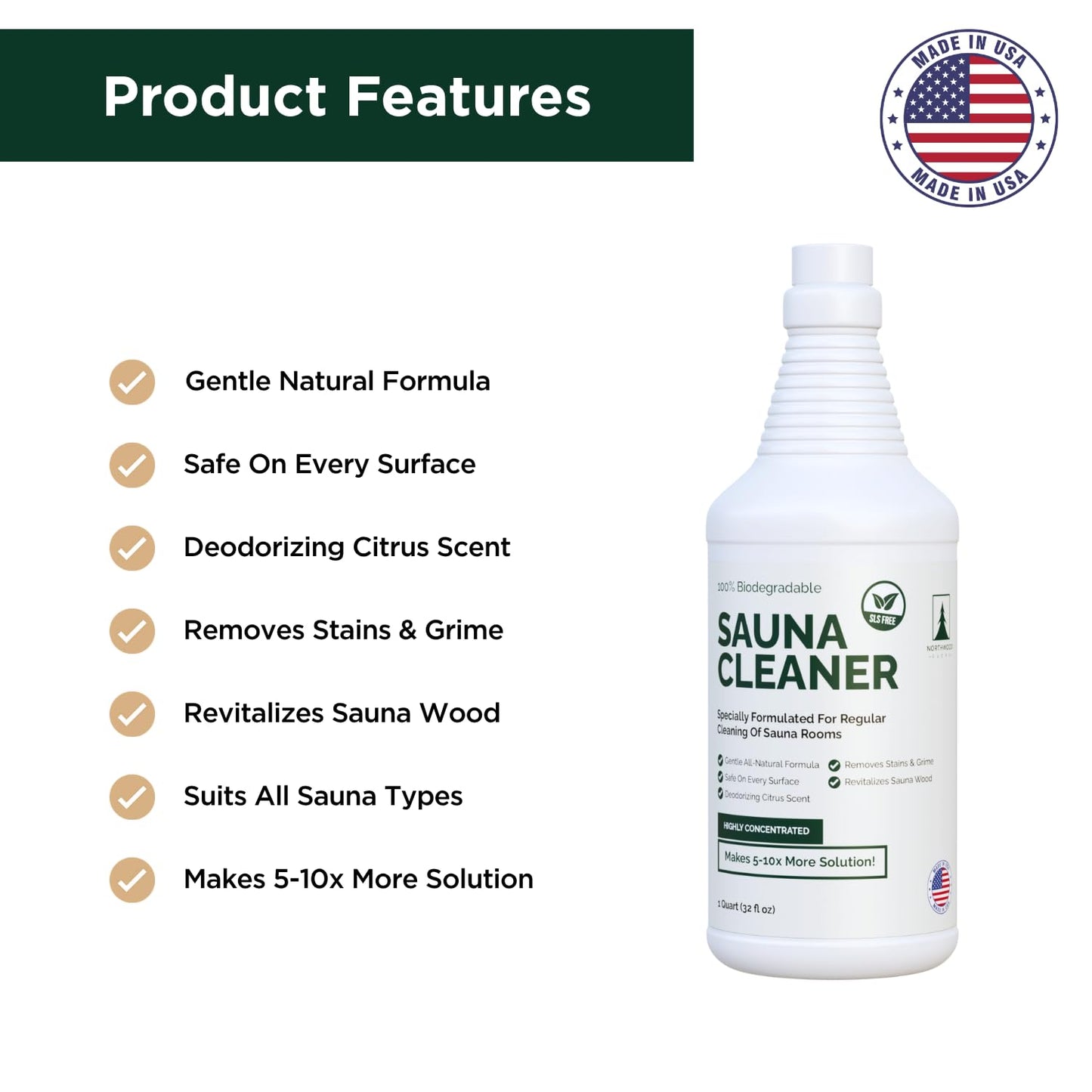 Northwood Sauna - Sauna Cleaner - Natural Wood Cleaner & Deodorizer - Makes 10x More Solution - 1 Quart (32 Fl Oz)