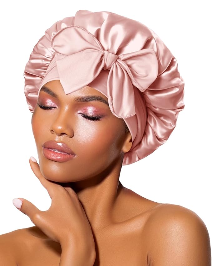 BONNET QUEEN Silk Bonnet for Sleeping Women Satin Bonnet Anti-Frizzy Night Sleep Cap Wrap for Curly Hair with Adjustable Tie Band, Champagne