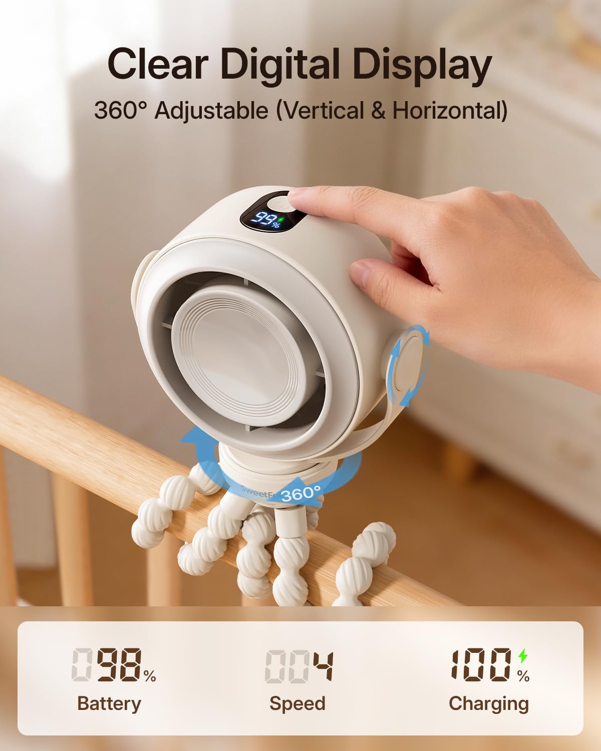 SWEETFULL Portable Stroller Fan, Pinch-Proof Baby Fan, 10H Battery, 5-Speed Quiet Mini Clip on Fan, USB-C Rechargeable with LED Display for Car Seat, Crib & Travel - Cream