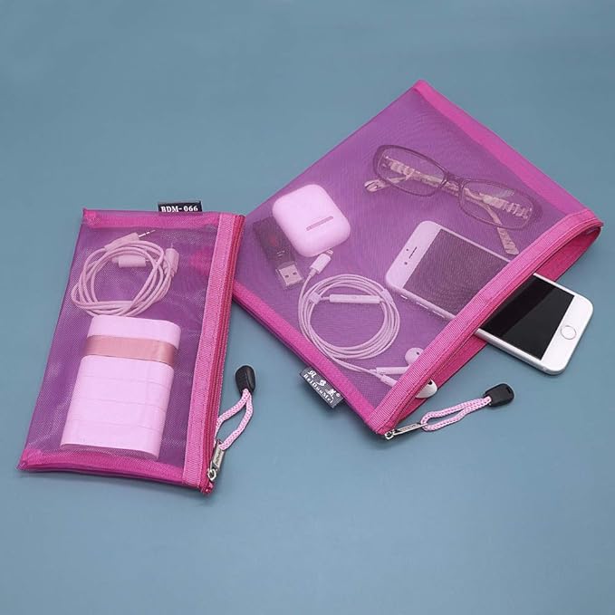 HRX Package Nylon Mesh Makeup Bags with Zipper, 6PCS Cosmetic Pouches Travel Organizer Case Hot Pink for Purse Diaper Bag (A5 x 3pcs, A6 x 3pcs)