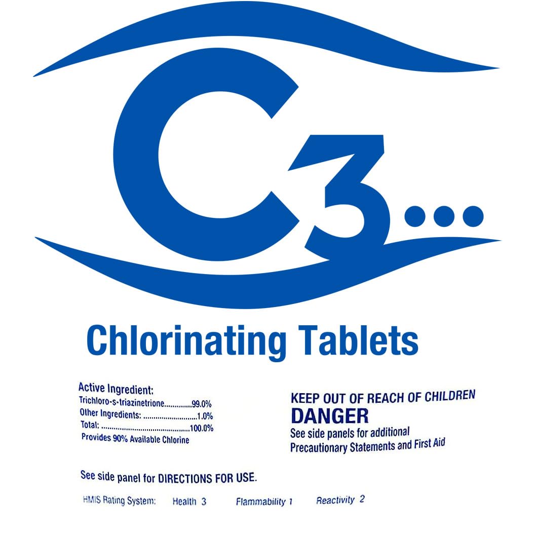 C3... 3" Stabilized Chlorine Tablets for Swimming Pools | Easy to Use | for Above Ground or Inground Pool | Individually Wrapped Chlorinating Tabs | Slow Dissolving | 5 lbs