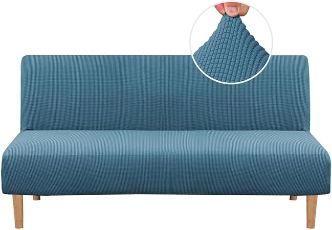 H.VERSAILTEX Armless Futon Cover Stretch Sofa Bed Slipcover Protector Elastic Feature Rich Textured High Spandex Small Checks Jacquard Fabric Futon Cover, Machine Washable, Storm Blue