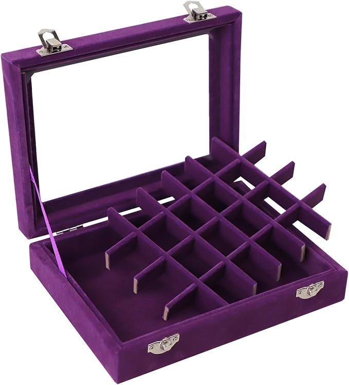 Velvet Jewelry Box 24 Grid Jewelry Earrings Display Organiser Box Ring Tray Holder Earrings Storage Case for Girls Women Wife Mom (Purple)