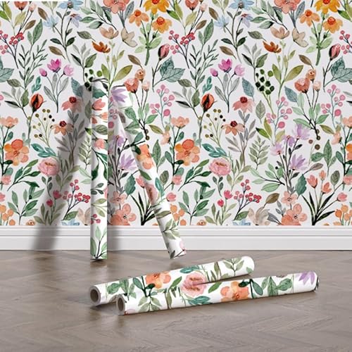 17.32"x118" Floral Wallpaper Peel and Stick Boho Textured Wall Paper for Bedroom Bathroom Renter Friendly Waterproof Pink Watercolor Modern Wallpaper for Kitchen Cabinet