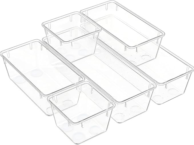 Clear Acrylic Drawer Organizer Trays, 5 Size Junk Box Organization Small Storage Container Bin for Desk Makeup Bathroom Vanity Kitchen Tool Make Up Workspace Home Dorm Apartment Office Room Nightstand