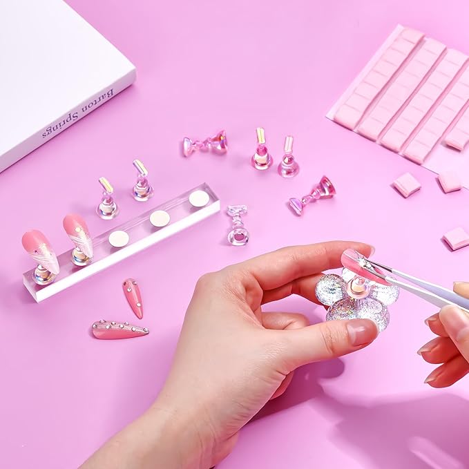 Makartt Press on Nails Stand: Clear and Pink Nail Holder for Painting Nails, Stands for Art Display Practice, Magnetic Clear Glitter Flower Fake Holders with Reusable Adhesive Putty for Home Salon DIY