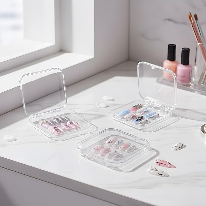 12 Pcs Press on Nail Storage Box with 60 Pcs Double Sided Adhesive Tapes, Nail Packaging Boxes Fake Nail Display Case Crystal Clear Nail Storage Box with Gift Box for Nail Art Business Nail Salon
