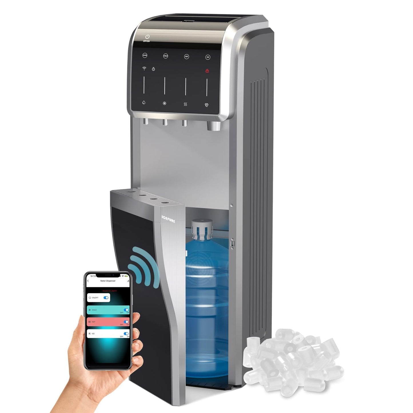 ICEPURE Water Dispenser with Ice Maker, 3-in-1 Hot and Cold Water Cooler with Built-in Bullet Ice Maker Machine, 26.5lbs/24H, Top Loading for 3-5 Gallon Bottle, Child Safety Lock, Black