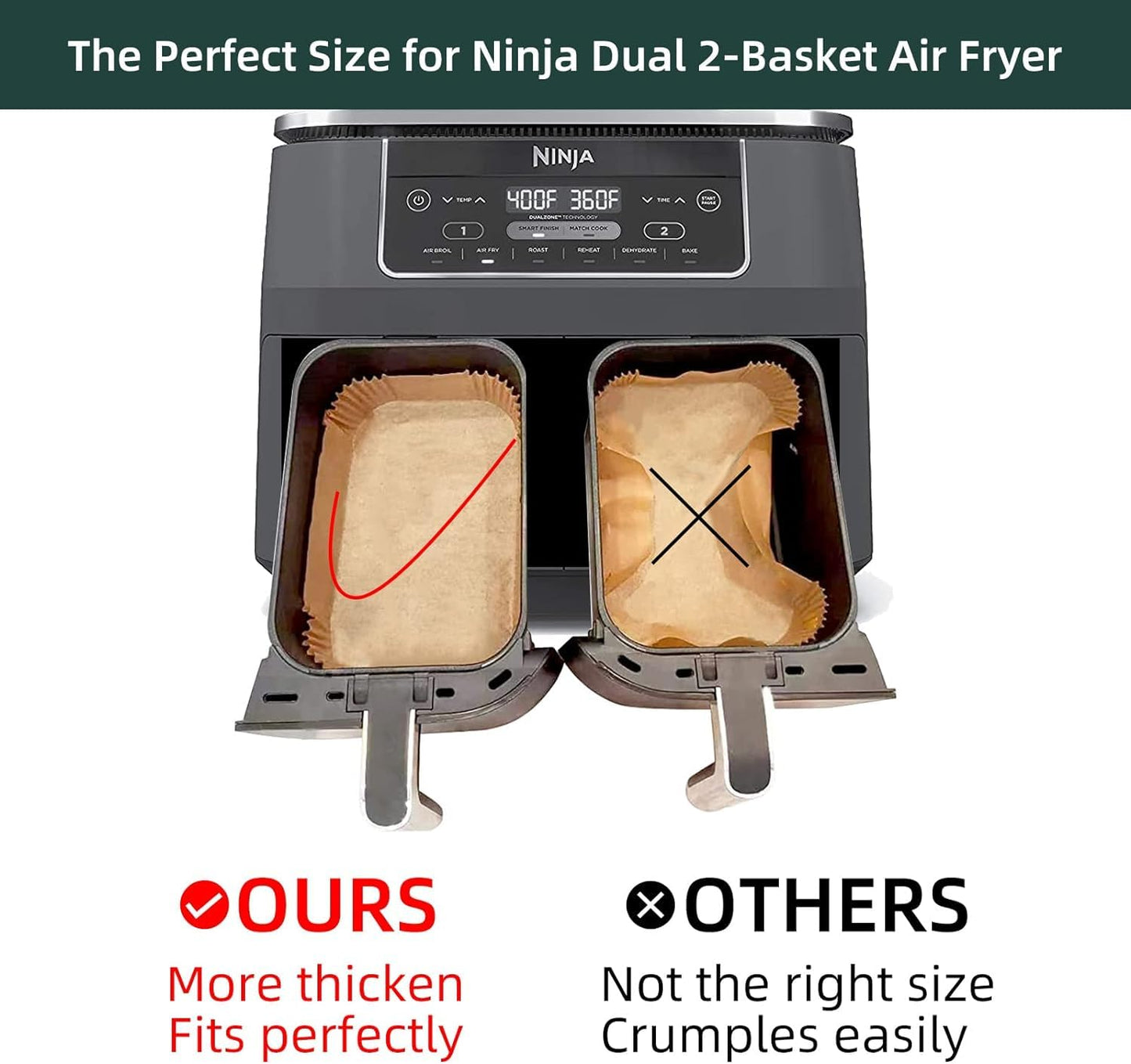 Air Fryer Disposable Paper Liners for Ninja Dual Airfryer Accessories, Non-Stick Parchment Rectangular for Baking, Oil Proof, Water Proof, for Microwave Oven (150PCS, 8.6in x 5.5in）
