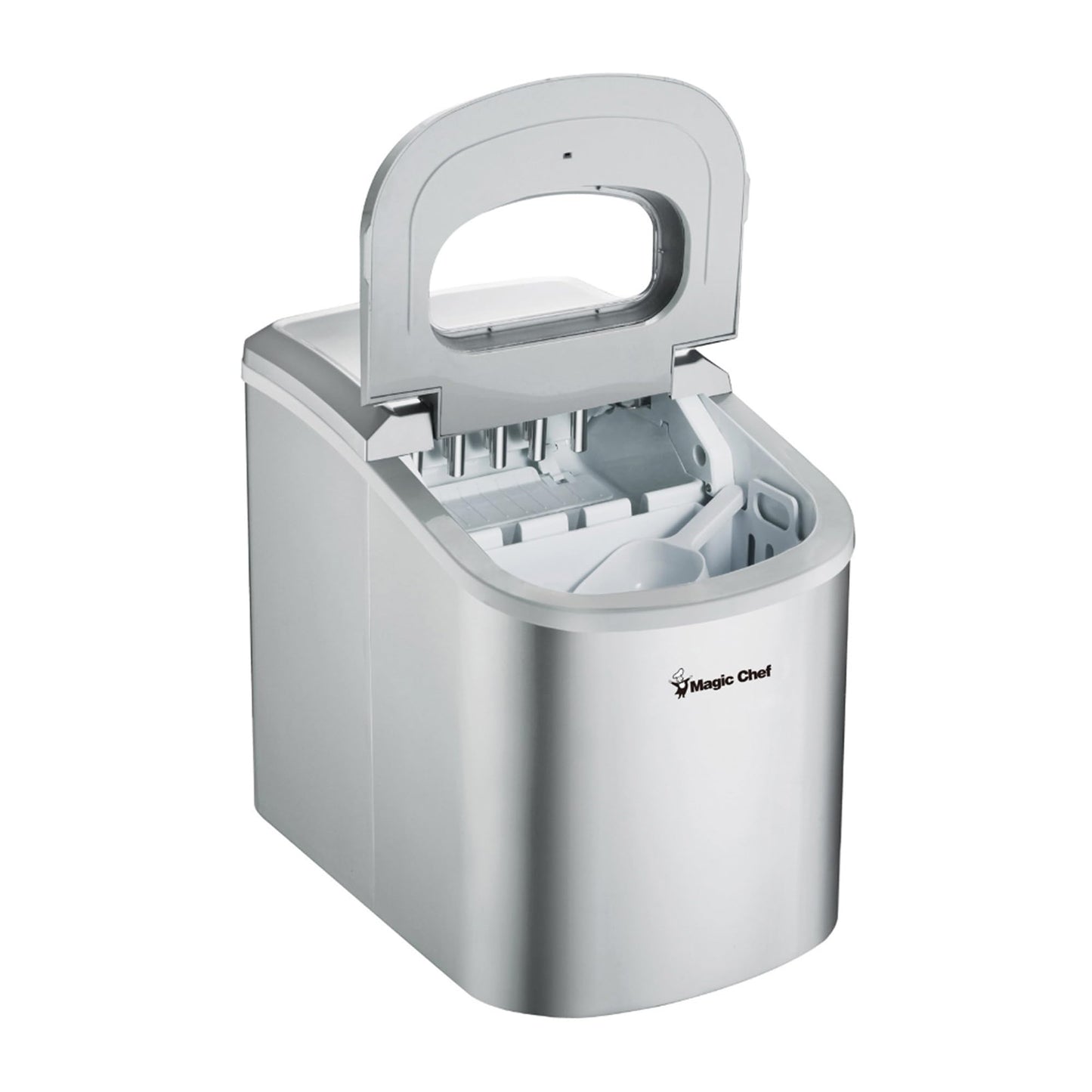 Magic Chef 27-Lb. Portable Ice Maker in Silver, Tabletop Ice Maker for Kitchen, Apartment, Dorm, and Basement with Viewing Window, 2 Ice Cube Sizes, and Ice & Water Level Indicator Lights