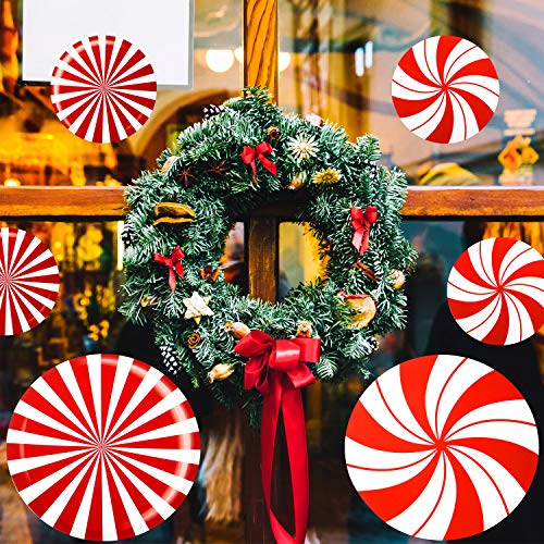 Outus 24 Pieces Christmas Peppermint Floor Decals Stickers for Christmas Decoration Candy Party Supply Red and White Large Decals for Floors, Windows, Counters and Walls