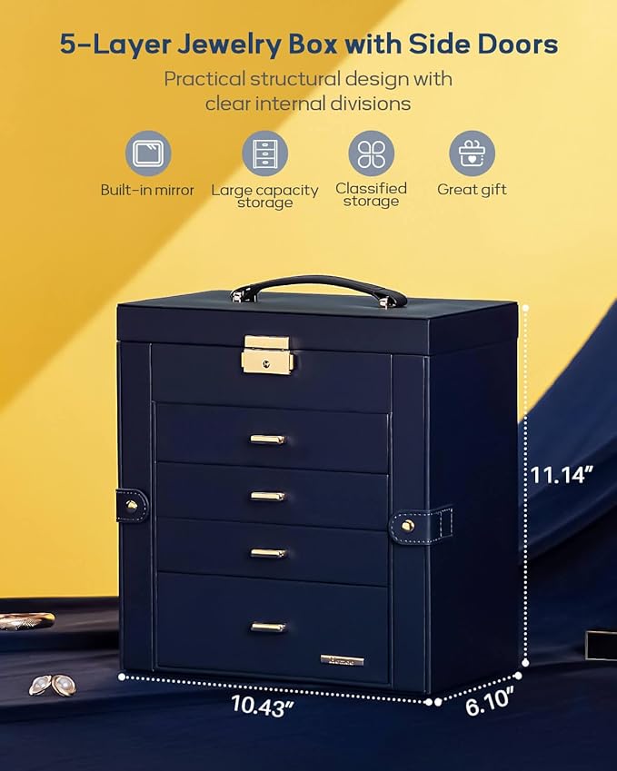 Homde Synthetic Leather Huge Jewelry Box Mirrored Watch Organizer Necklace Ring Earring Storage Lockable Gift Case (Dark Blue + Gold)
