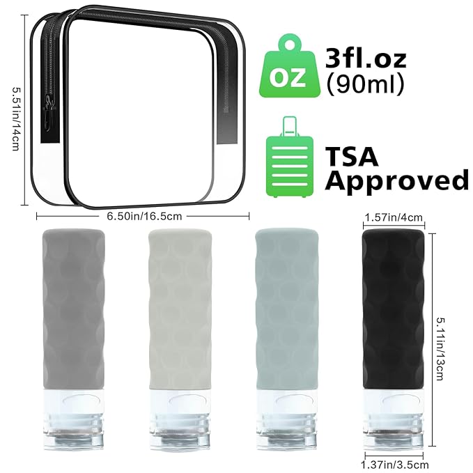 Silevoler Travel Bottles for Toiletries, 4pcs Tsa Approved 3oz Travel Size Containers, BPA Free Leak Proof Premium Silicone Bottles, Refillable Liquid Squeezable Accessories W/Toiletry Bag
