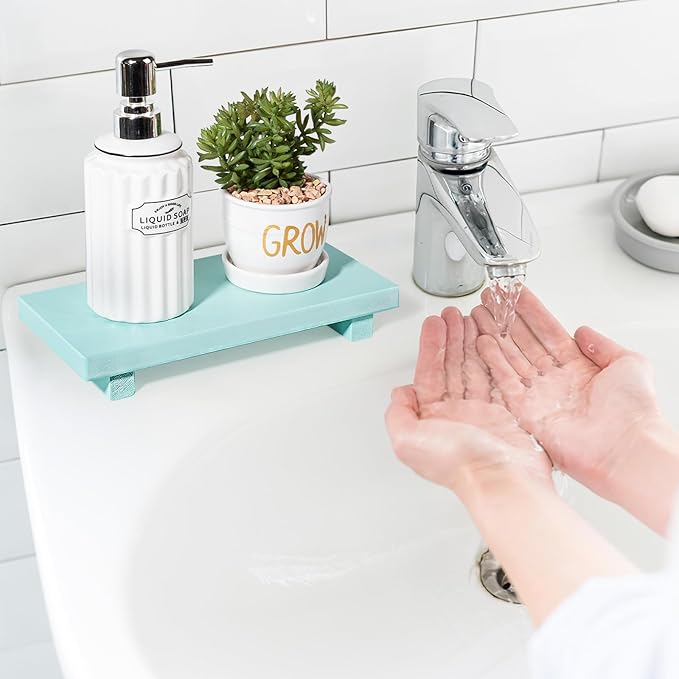 zoocatia Small Wood Tray Pedestal Stand Farmhouse Bathroom Decor Decorative Wooden Riser Kitchen Soap Dish Holder for Vanity, Counter, Sink, 10" x 4.5" - Light Blue