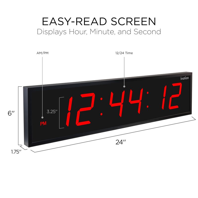 Ivation Oversized 24" Large Digital LED Clock | Big Digital Clock w/Multi-Function Display – Stopwatch, Timer, Alarms, Temp & Date | 6 Brightness Levels, Time Memory & Remote (Red)
