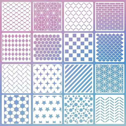 16 PCS 6 Inch Checks Diamond Stencils, Brick Mermaid Scale Reusable Plastic Paint Templates for Painting on Wood, Geometric Star Shape Stencils for Furniture Fabric Wall DIY Crafts Decorations