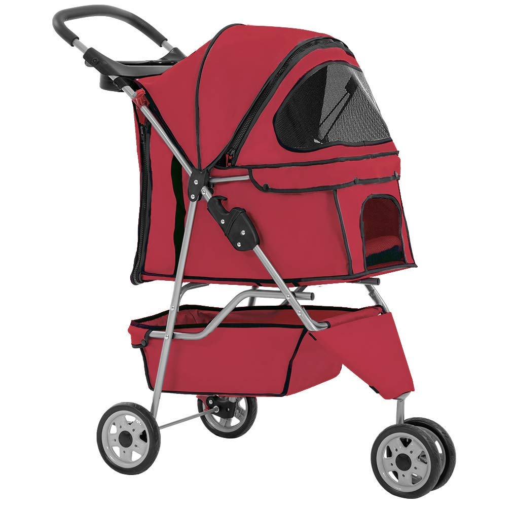BestPet 3 Wheels Pet Dog Stroller Cat Cage for Medium Small Dogs Cats Travel Folding Carrier Waterproof Puppy Stroller with Cup Holder & Removable Liner,Red