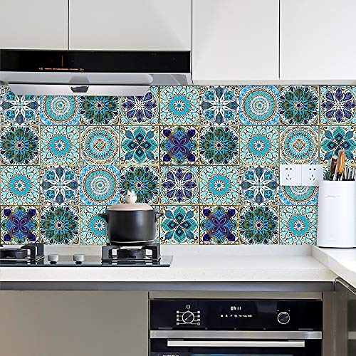 25PCS 4x4 Inch Mandala Tile Stickers, Peel and Stick Self Adhesive Removable Moroccan Tiles Backsplash Waterproof Oil Proof for Bathroom & Kitchen Wall Stickers Home Decor