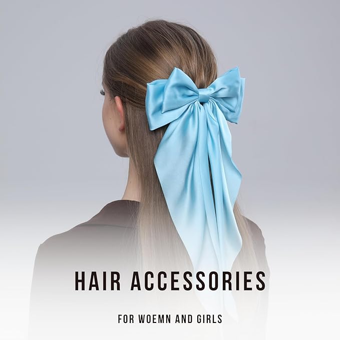 2PCS Big Hair Bow Clips for Women Girls Ã¢ÂÂ Light Blue Satin Ribbon Bow Barrettes with Long Tails, Large Pastel Hair Accessories for Ponytail, Spring & Casual Styling