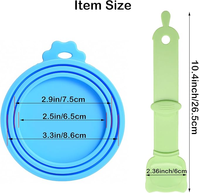 Universal Pet Food Can Lids - 3 Pcs, Squeezable Cat Treat Feeder & Spoon, Green/Blue/Orange Lids, Green Feeder