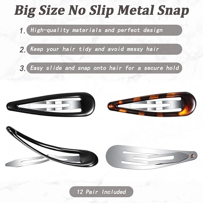Waydress 12 Pcs Hair Clip Barrettes for Women Oval Snap Tortoise Metal Snap Clips Thin Hair Grips Ellipse Clips Non Slip Barrettes Accessories, 2.8 In(Classic Style)