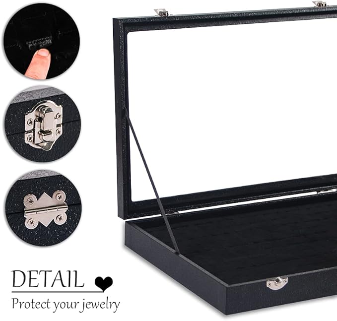 Ring Holder Organizer Box, Jewelry Display Case, Earring Necklace Storage Tray With Top Glass Lid (Black, 100 Slots)